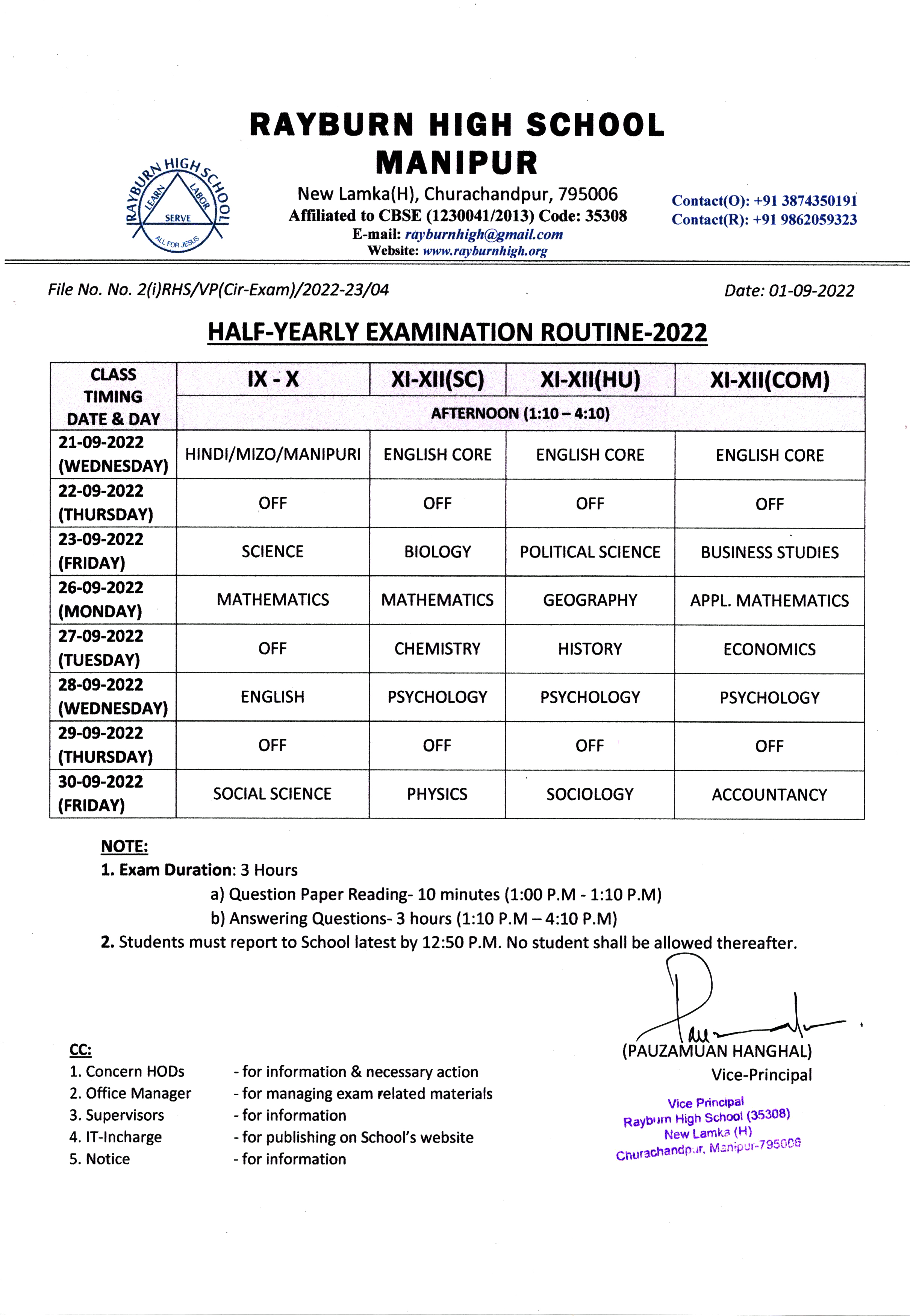 IX-XII HALF-YEARLY EXAM ROUTINE-2022